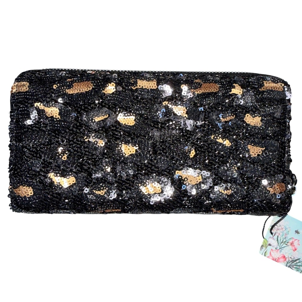 Brentano‎ Leopard Sequin Zip Around Wristlet Wallet Black Gold NEW